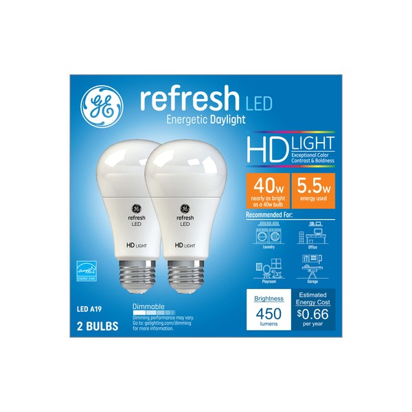 GE Refresh LED Light Bulbs, 40 Watt, Daylight, A19 (2 Pack)