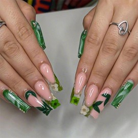 MISUD Press on Nails Long Square Fake Nails Glossy Glue on Nails Green Flower Leaf Acrylic Nail Supplies Squoval Artificial Nail Art Rhinestone Stick on False Nails with Design DIY 24 pcs