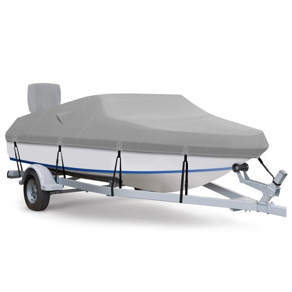 Fuprosico 600D Waterproof Winter Boat Cover with Motor Cover 16-18.5 ft Fits Bass Boat, V-Hull Boat Runabouts, Boat 16'-18.5' Foot, Heavy Duty, Marine Grade Canvas, Grey