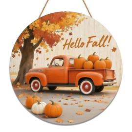 Tuquland Fall Decorations for Home 11.8in Hello Fall Door Sign Wall Decor Maple Leaves Truck Pumpkin Wreaths Signs Wooden Hanging Sign for Front Door Autumn Thanksgiving Porch Indoor Outdoor Decor