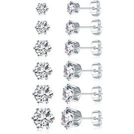 Gemsme 6 Pairs Cubic Zirconia Stud Earrings for Women/Men - Round Cut 6 Prong Settings 18K Gold Plated Hypoallergenic 3-8mm Clear Earrings Set - Wihte Gold