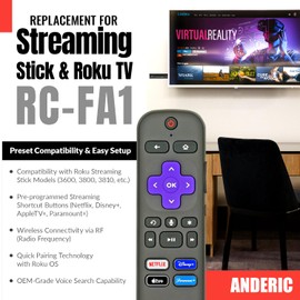 OEM Replacement RC-FA1 Universal Streaming Player Remote Control for Roku Streaming Stick, Streambar and TV with Voice - Original RCFA1 Stick Remote. Includes Voice and App Shortcut Keys. [RF]