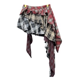BAIMORE Women's Y2k High Waist Plaid Patchwork Tiered Pleated Asymmetrical Hem Mini Skirt