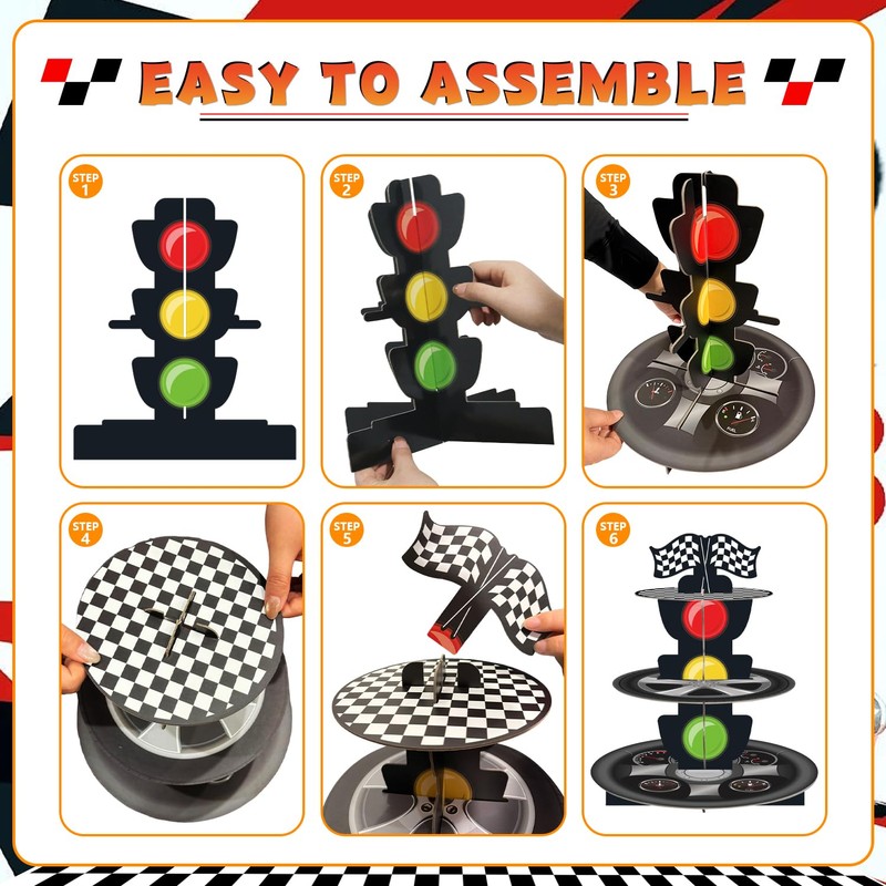 3-Tier Racing Car Theme Cardboard Cupcake Stand, Reusable Round Cupcake