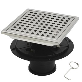 6 Inch Square Shower Floor Drain with Flange, Removable Quadrato Pattern Grate, Food-Grade SUS 304 Stainless Steel, Brushed Nickel with Hair Filter & Anti-Drop Design