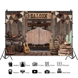Western Saloon Backdrops for Photography Old Wild West Stable Wooden Barn Wheel Farm Cowboy Theme Background for Men Birthday Party Decorations Baby Shower Boys Portrait Photo Prop Vinyl 8x6ft