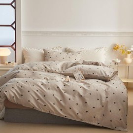 Freyamy Bed Linen, 200 x 200 cm, 3-Piece Khaki and Brown Hearts, Checked, Reversible Bed Linen, Love Grid Bedding Sets, 100% Microfibre, Girl’s Duvet Cover with Zip and Pillowcase, 80 x 80 cm