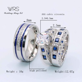 Juego de dos anillos de boda para mujer, 2 anillos de matrimonio con circonita cúbica rellena de oro blanco, anillos de compromiso de boda para hombre, anillos de boda de acero inoxidable, women's size 7 & men's size 13, Papel, Zirconia cúbica