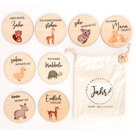 Wooden milestone cards baby printed with coloured animals - 30 milestones on elegant wooden discs as a gift for birth/baby shower for pregnant women, expectant mothers, expectant parents.