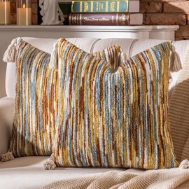 AmHoo Boho Throw Pillow Covers Set of 2 Decorative Bohemian Woven Tufted Striped Farmhouse with Tassels Textured Cushion Case Pillowcase Neutral for Sofa Couch Bed 18 x 18-Inch Brown