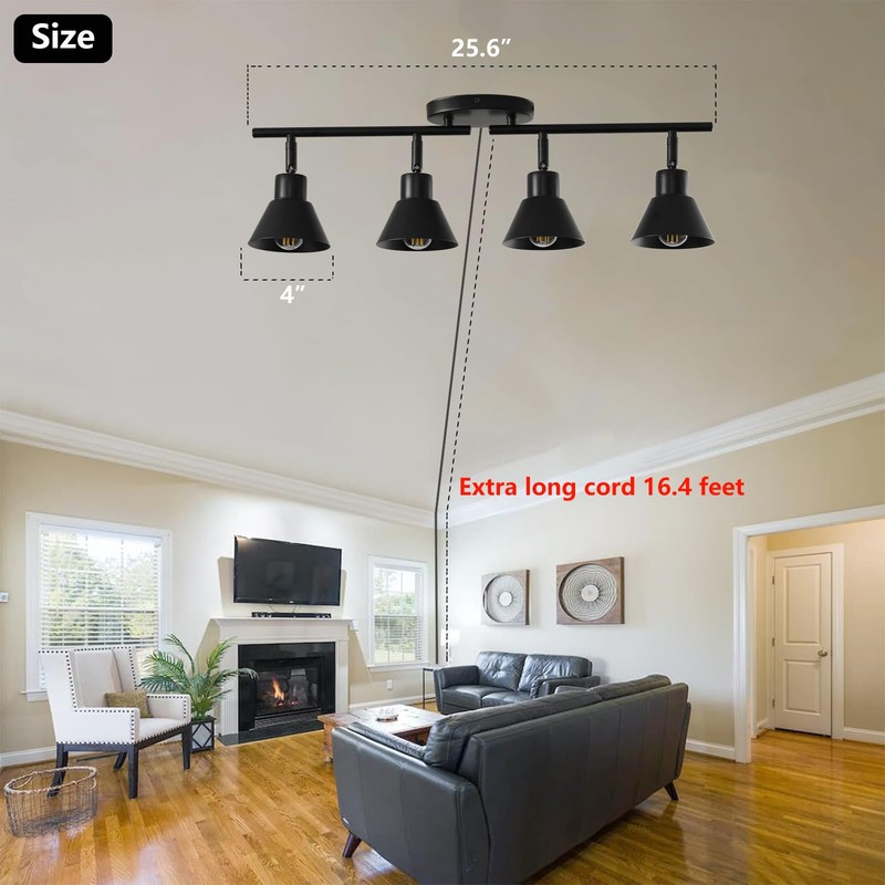 Black 4 Light Plug in Ceiling Light Fixture,Modern Plug in