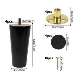 Luabue Pack of 4 12 cm Furniture Feet, Wooden Table Legs, Replacement Wooden Legs, Conical Furniture Legs with Mounting Plate, Screws and Non-Slip Mat for Couch, Cabinet, Bed, Table, Coffee Table,