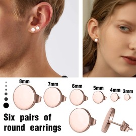 EODKSE Titanium Stud Earrings Set: 6 Pairs Hypoallergenic Earrings in Rose Gold Look for Women, Men & Girls, Stainless Steel Unisex Flat Top Design with Round Stud Earrings in Sizes from 3 mm - 8 mm