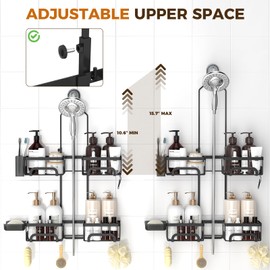 REINHARDT Shower Caddy Hanging for Handheld Showerheads Adjustable Split Shower Caddy, Rustproof Shower Organizer with Hooks for Razors Over the Head Caddy with Soap Holder Bathroom Accessories, Black