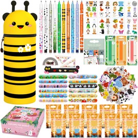 Kawaii 2-in-1 Pencil Case - Erasable Gel Pen Set (Bee + 10 Erasable Pens + 3 Boxes of Refills + 10 Candy Bags + Stroking Circles + Tattoo Stickers + Stickers + 4 Rulers)