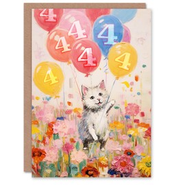 Artery8 4th Birthday Greeting Card Flowers Kitty Cat Balloons Kids Age 4 Year Old Child
