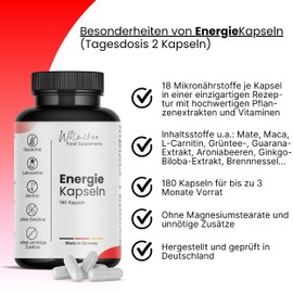 Energy Capsules - Complex of 18 Active Ingredients - No Unwanted Additives - 180 Capsules - 3 Month Supply