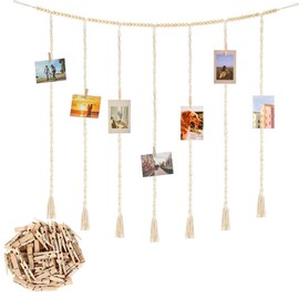Gotetiso Macrame Hanging Photo Display Wall Decor Picture Frame Macrame Wall Hanging Picture Frame Collage Photo Garland Wood Beads Garland Photo Wall Photo Frame Wall Frame with 45 Clips for Home