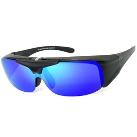VeryHobby® Polarized FLIP UP FIT OVER Sunglasses Cover Rx Glasses Side Shield (Matte black(Blue Green Mirror Lens))