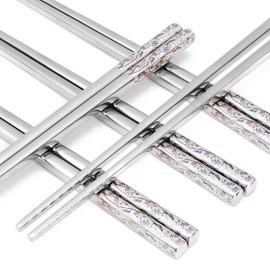 Stainless Steel Chopsticks, Titanium Plated Metal Chopsticks, 9.8" Premium Japanese Korean Color Laser Engraved Cooking Chop Sticks, Dishwasher Safe, Reusable, Anti-slip, Anti-scald, 2 Pairs Gift Set