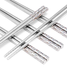 Stainless Steel Chopsticks, Titanium Plated Metal Chopsticks, 9.8" Premium Japanese Korean Color Laser Engraved Cooking Chop Sticks, Dishwasher Safe, Reusable, Anti-slip, Anti-scald, 2 Pairs Gift Set