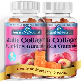 2 Pack Multi Collagen Peptides Gummies, Sugar Free Hydrolyzed 5000mg Protein丨Type I,II,III,V,X with Biotin Hyaluronic Acid Vitamin C A D B6 B12 L-Glutathione for Skin Hair Nail & Joint -Peach