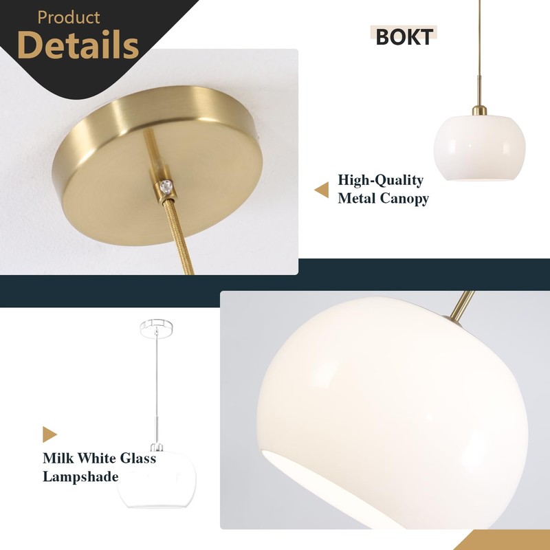 BOKT 1-Light Gold Dome Pendant Light Mid Century Modern White
