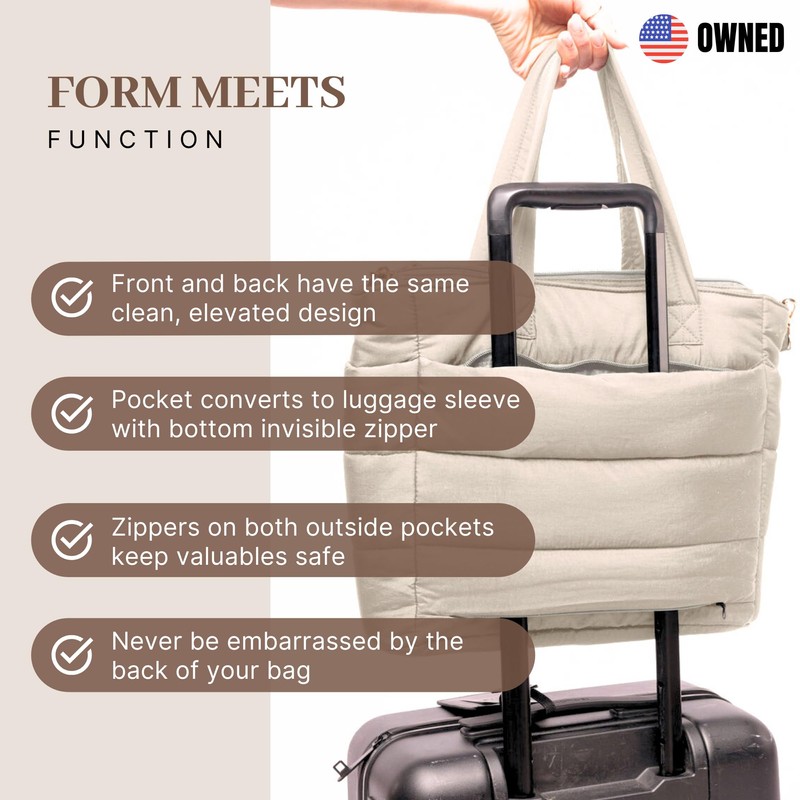 Cream Quilted Puffer Tote Bag for Women Work Travel Gym