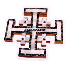Holy Land Market Olive Wood Jerusalem Cross covered with Mother of Pearls shell from Bethlehem