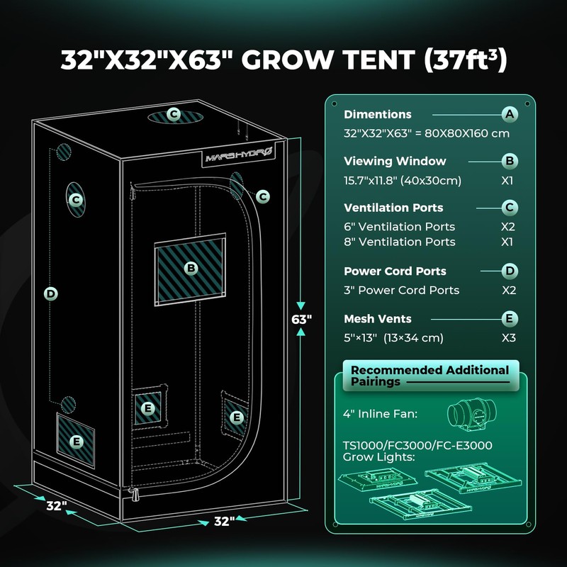MARS HYDRO 2.6x2.6 Advanced Grow Tent, 32"x32"x63" High Reflective Mylar