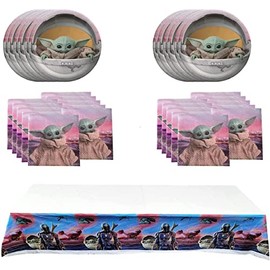 Baby Yoda Party Supplies 41Pack include 20 plates, 20 napkins Tablecloth for Baby Yoda birthday party decoration