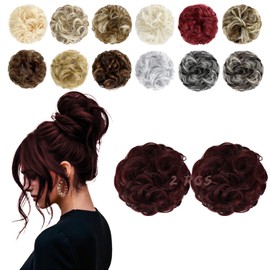 FeidyLong 2 PCS Messy Bun Hair Piece Wavy Curly Hair Bun Scrunchies Extensions Synthetic Chignon Thick Updo Hairpieces for Women GirlsGrape Red