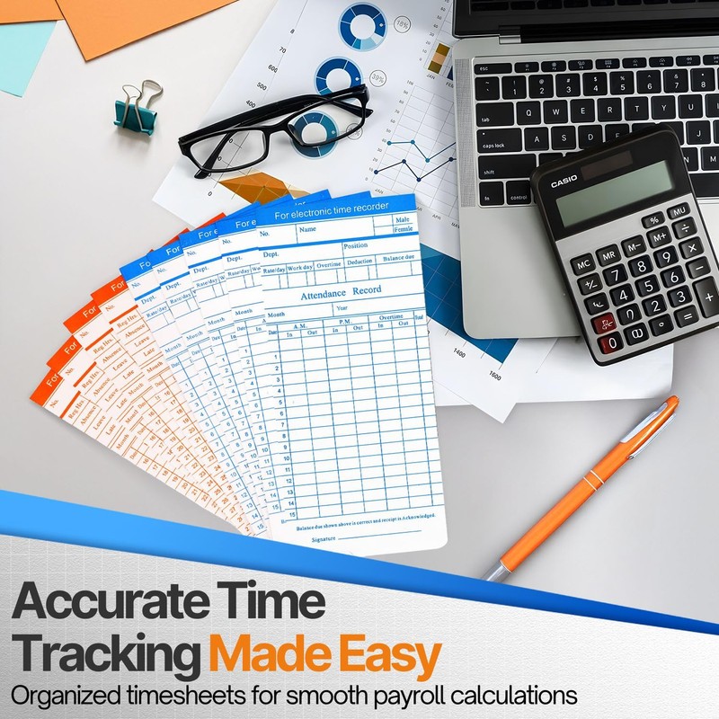 Flexzion Monthly Time Cards for Employees - Dual-Sided, Orange/Blue Attendance