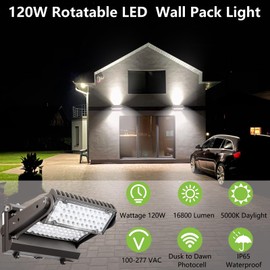 Dusk to Dawn 120W Rotatable LED Wall Pack Light, 5000K 16800LM 600-800W HPS/HID Equiv, ETL Adjustable Head Outdoor LED Wallpack Lighting Fixture for Area Light, Parking, Garages,Warehouse,Entrance