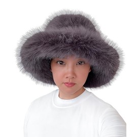 Lina & Lily Oversized Winter Faux Fur Bucket Hat for Women - Long Pile Fur Wide Moldable Brim (Dark Gray)