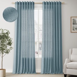 BOODII Blue Semi Sheer Textured Linen Curtains 108 Inches Length Long, 2 Panels Set for Bedroom Dining Living Room,Back Tab,Rod Pocket,Clip Rings Light Filtering Window Drapes,W52 x L108