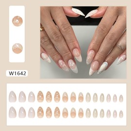 White French tips Press on Nails Medium Almond Fake Nails with Ribbon Bow Designs Heart Glue on Nails Reusable Glossy False Nails for Women Girls Valentines Manicure 24pcs