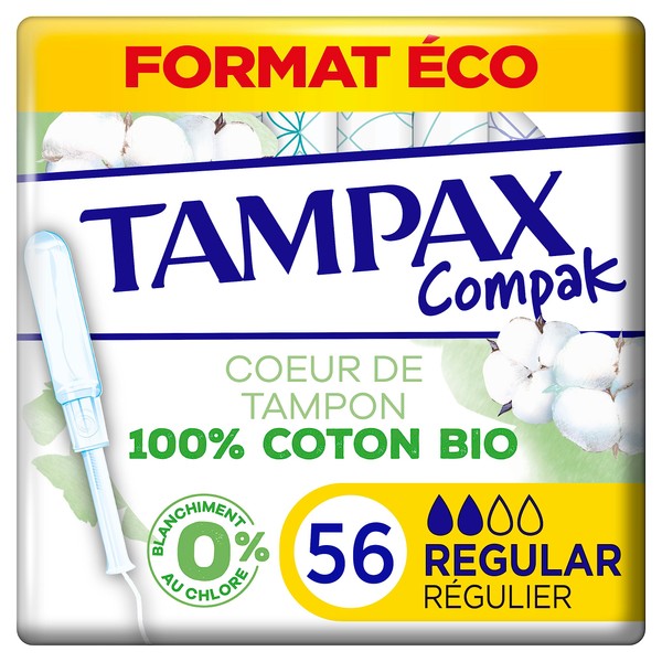Tampax Compak Cotton Protection, Regular, 56 Tampons with Plant Plastic Applicator, Light to Medium Flow, Organic Cotton Stamp Core