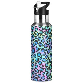Moudou Leopard Water Bottle with Straw Lid, 33oz Leakproof Double Wall Vacuum Insulated Stainless Steel Water Bottle for Sports, Gym, Hiking, School