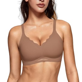 Vertvie Bras for Women Wireless Comfortable Push Up Bra Scalloped Seamless Full Coverage No Underwire Supportive T Shirt Bras(Coffee,Medium)
