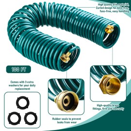 Pangda 100 Ft x 3/8'' Coil Garden Hose EVA Recoil Garden Self Coiling Expanding Water Hose with 6 Function Spray Nozzle Universal 3/4'' Brass Connector Fitting for Outdoor Yard(Green)