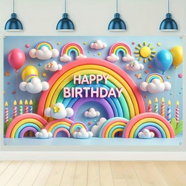 Blissyard Rainbow Birthday Decorations Rainbow Birthday Banner - 71 X 43 Inch Colorful Clouds and Balloons Party Backdrop - Kids Birthday Party Decoration Rainbow Backdrop