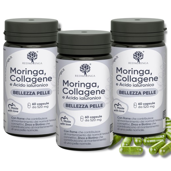 Collagen and Hyaluronic Acid with Copper, Zinc, Biotin, Vitamin A, B2, B3, C and Organic Moringa | Supplement for Skin and Joints | Anti-Wrinkle | Made in Italy RedMoringa® Veg (180 Capsules)