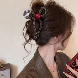 Retro Leopard Print Bow Pearl Large Claw Hair Clip One Size/White Pearl-Light Leopard Print 20ea