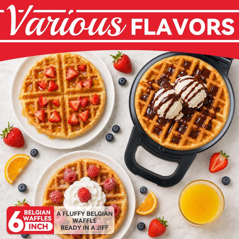 SugarWhisk 6-Inch Belgian Waffle Maker, 180° Flip Waffle Iron with