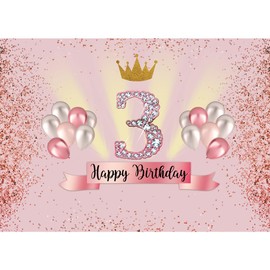 6x4ft Pink 3rd Birthday Backdrop for Girls Princess Ballons Gold Crown 3 Year Old Birthday Party Sign Supplies Photography Background Photoshoot Props