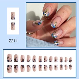 24Pcs Press On Nails - Nude Pink Short Length Fake Nails - Square False Nails with Glue & Flower Design - Fashion Fake Nails for Women Girls