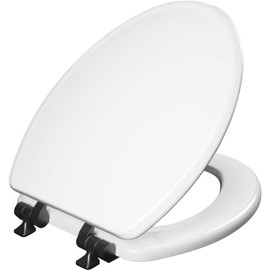 Mayfair Bennett Toilet Seat with Matte Black Hinges, Slow Close Wood Seat, Secure Metal Hinges, Easy Install, Made in USA, Elongated, White