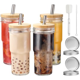 ASANMEYO 4 Pcs 24 oz Glass Cups With Bamboo Lids and Straws & 4 Airtight Lids, Reusable Smoothie Cups Mason Jar Drinking Glasses Iced Coffee Cups Glass Tumbler for Bubble Tea, Juice, Gift