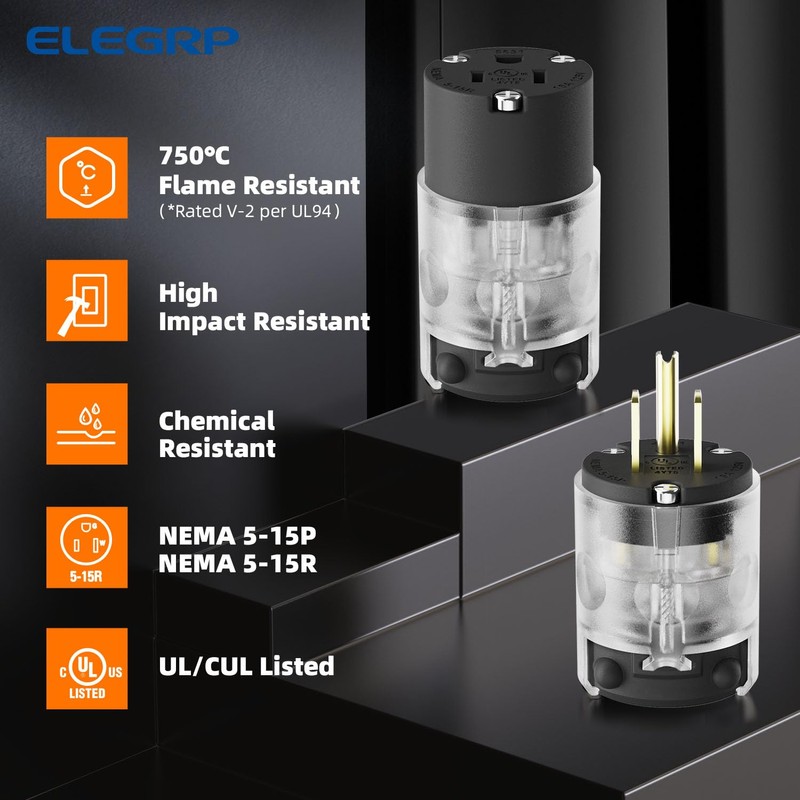 ELEGRP Lighted Straight Blade Electrical Plug and Connector Set, 15